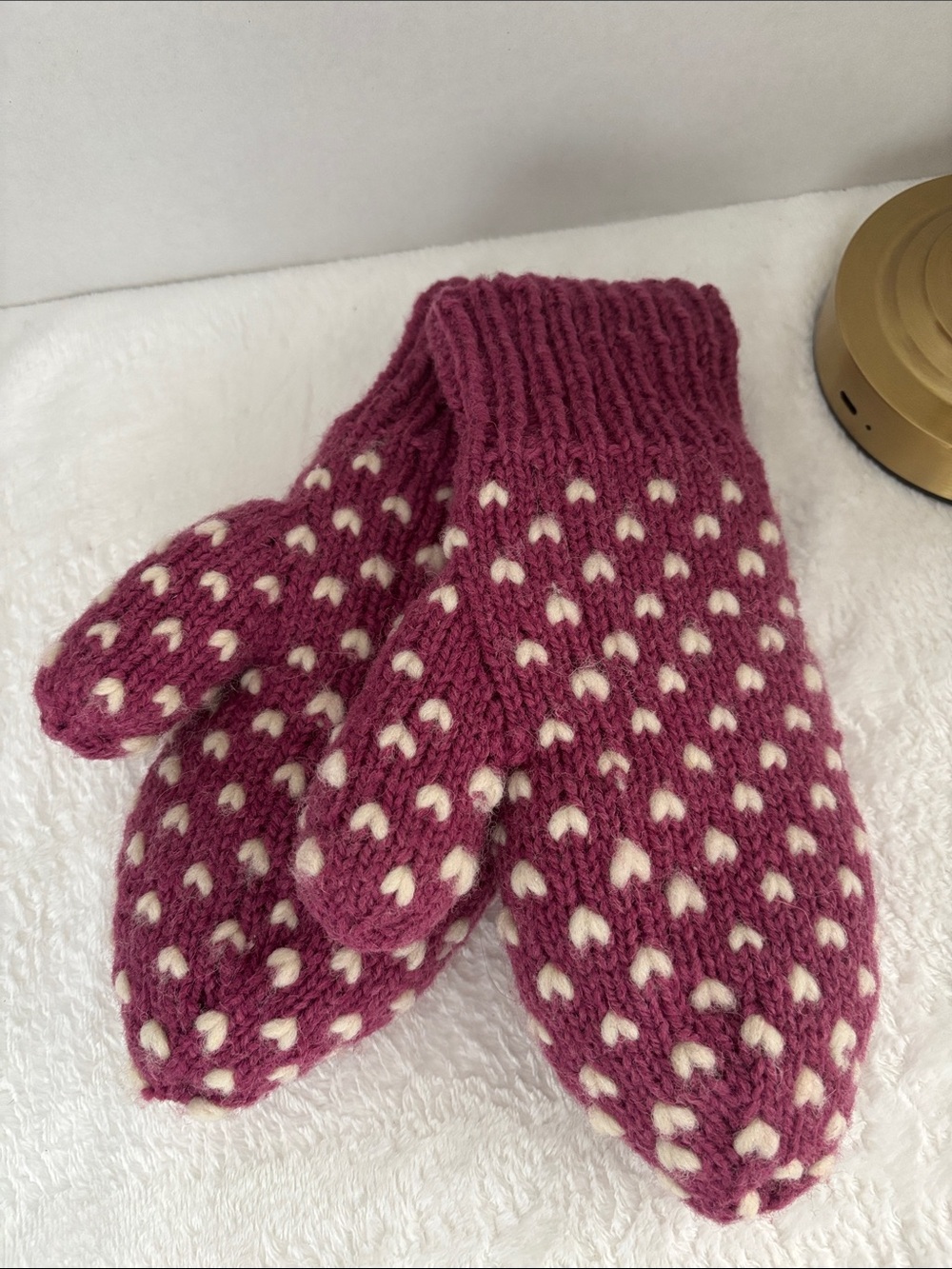 Hand Crafted thrumbed Knitted Mittens In Pink and white